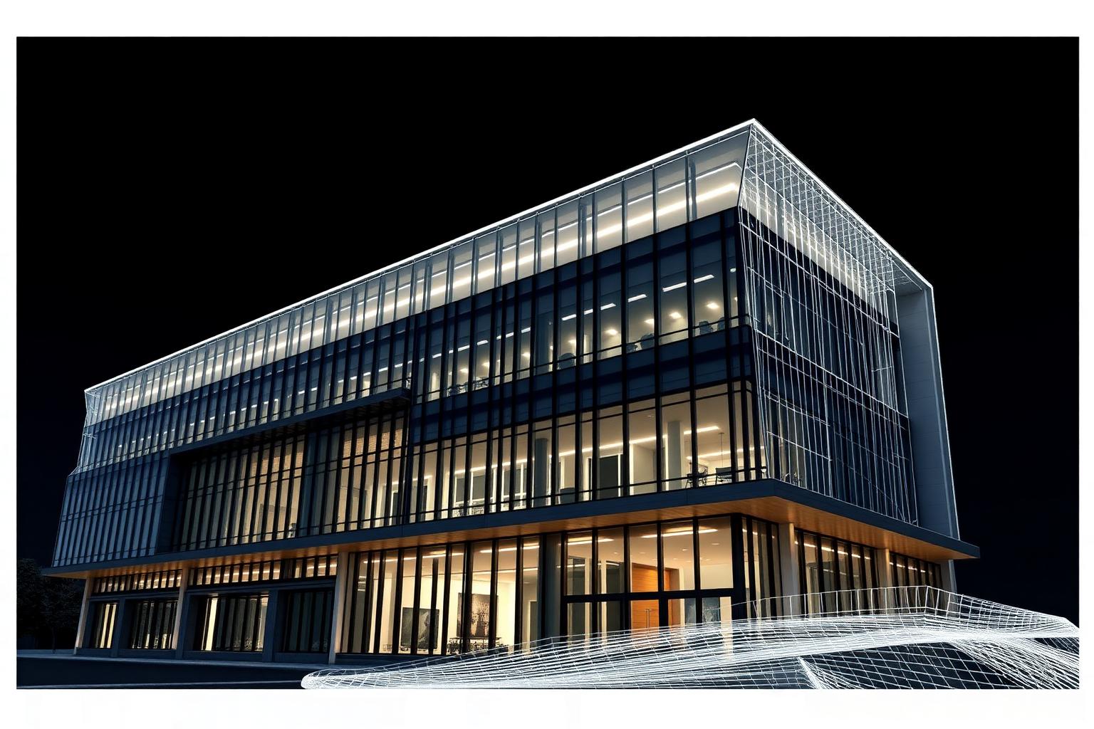 A modern building designed and rendered using CAD software